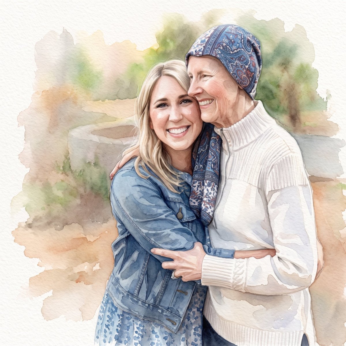 Watercolor portrait of a smiling couple embracing outdoors. Woman in denim vest, man in white sweater and patterned cap.