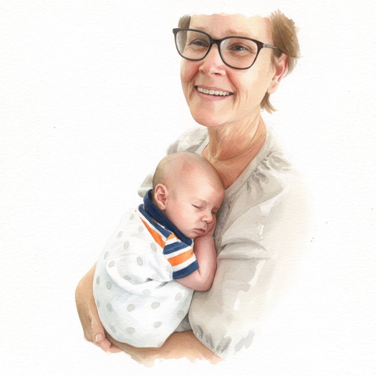 Woman wearing glasses smiling while holding a sleeping baby wearing striped clothing