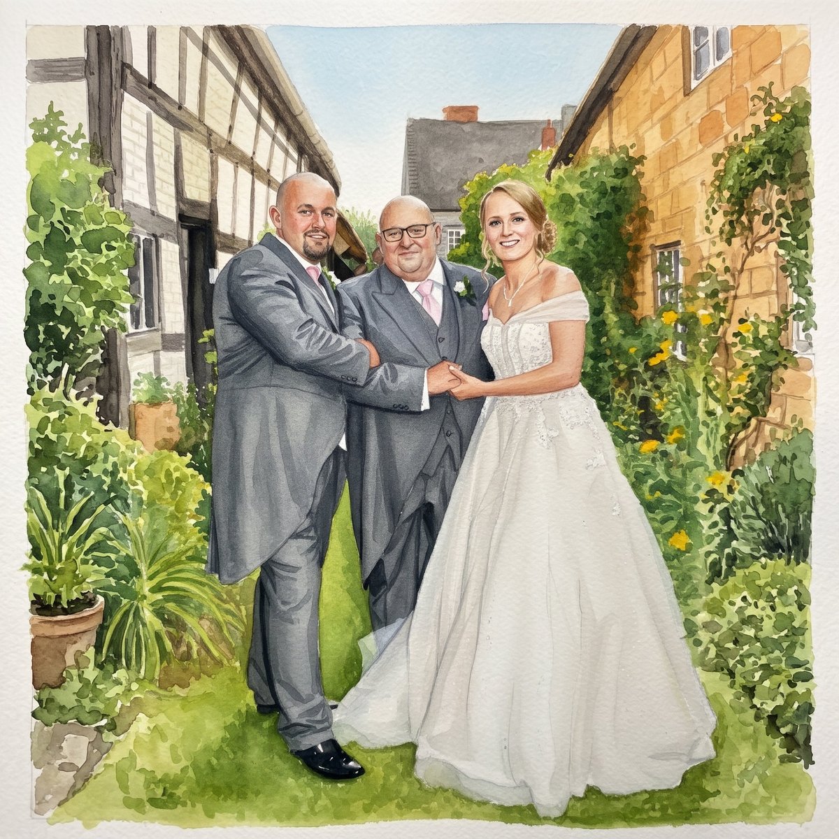Watercolor portrait of three people in formal attire posing together in a garden between historic timber-framed buildings