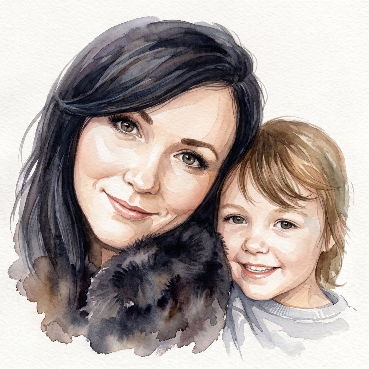 Watercolor portrait of a woman with dark hair and a young child with light brown hair, both smiling against a white background