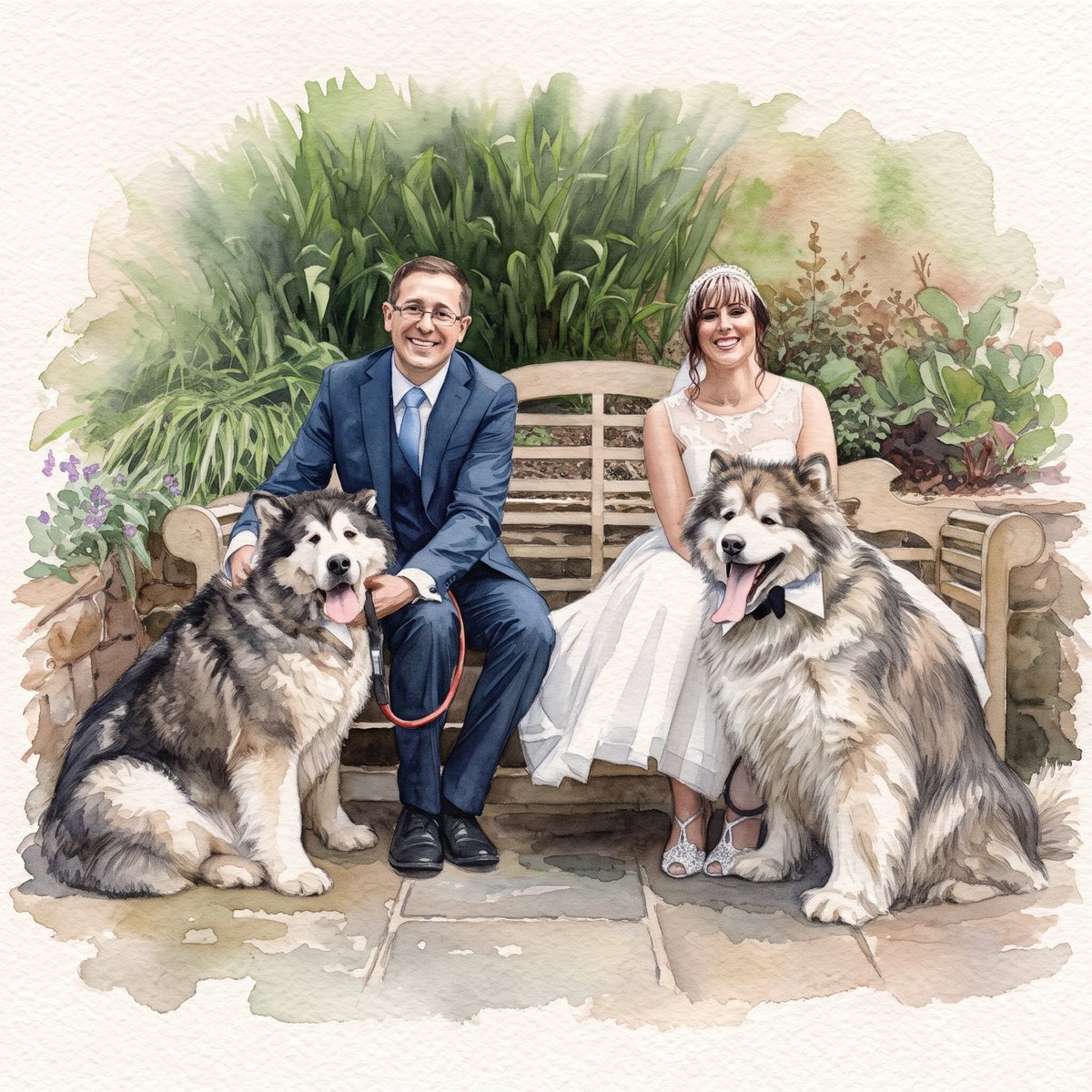 Couple in formal attire sitting on a garden bench with two large husky dogs on either side in a watercolor style illustration