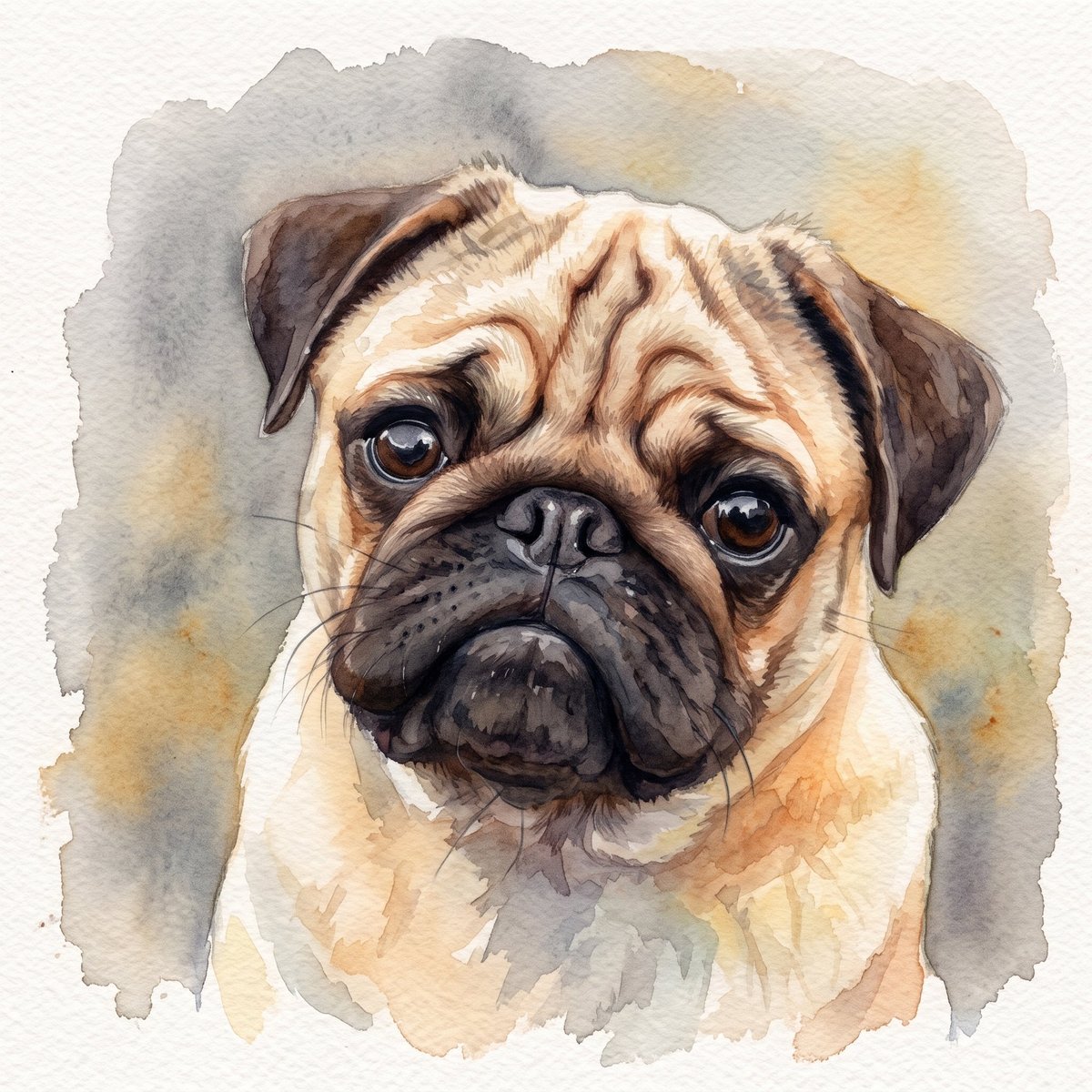 Watercolor portrait of a fawn and tan pug with wrinkled face and dark muzzle, head tilted slightly, against soft neutral background