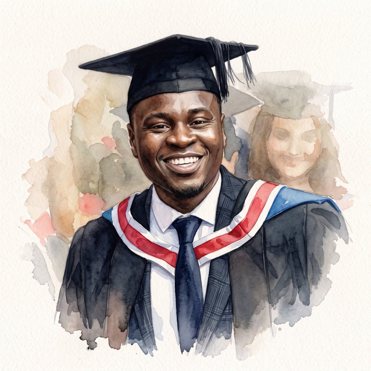 Watercolor portrait of a smiling man in black graduation cap and gown with red and blue academic hood
