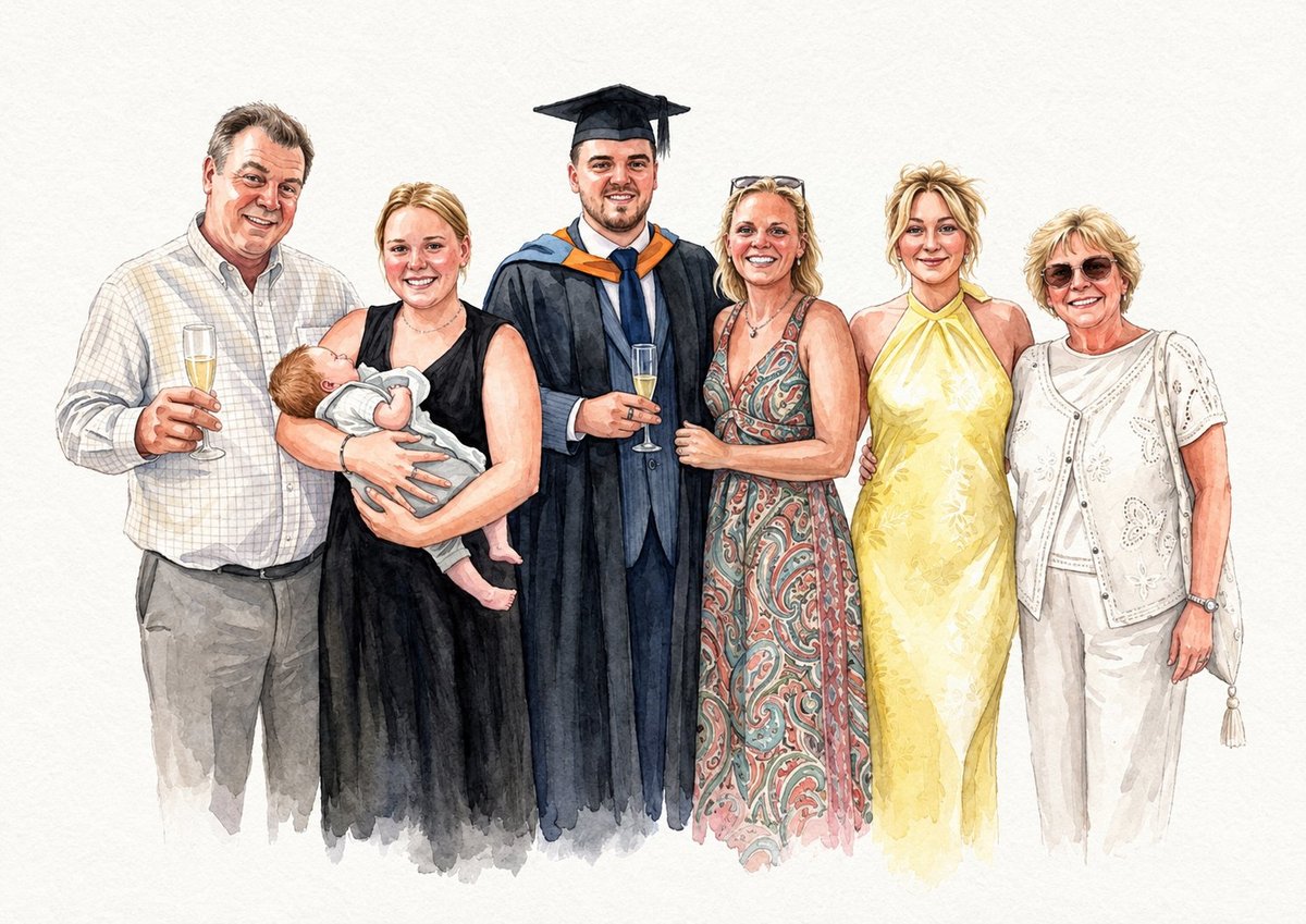 Illustration of a family celebrating a graduation, with a young man in cap and gown surrounded by five relatives of varying ages