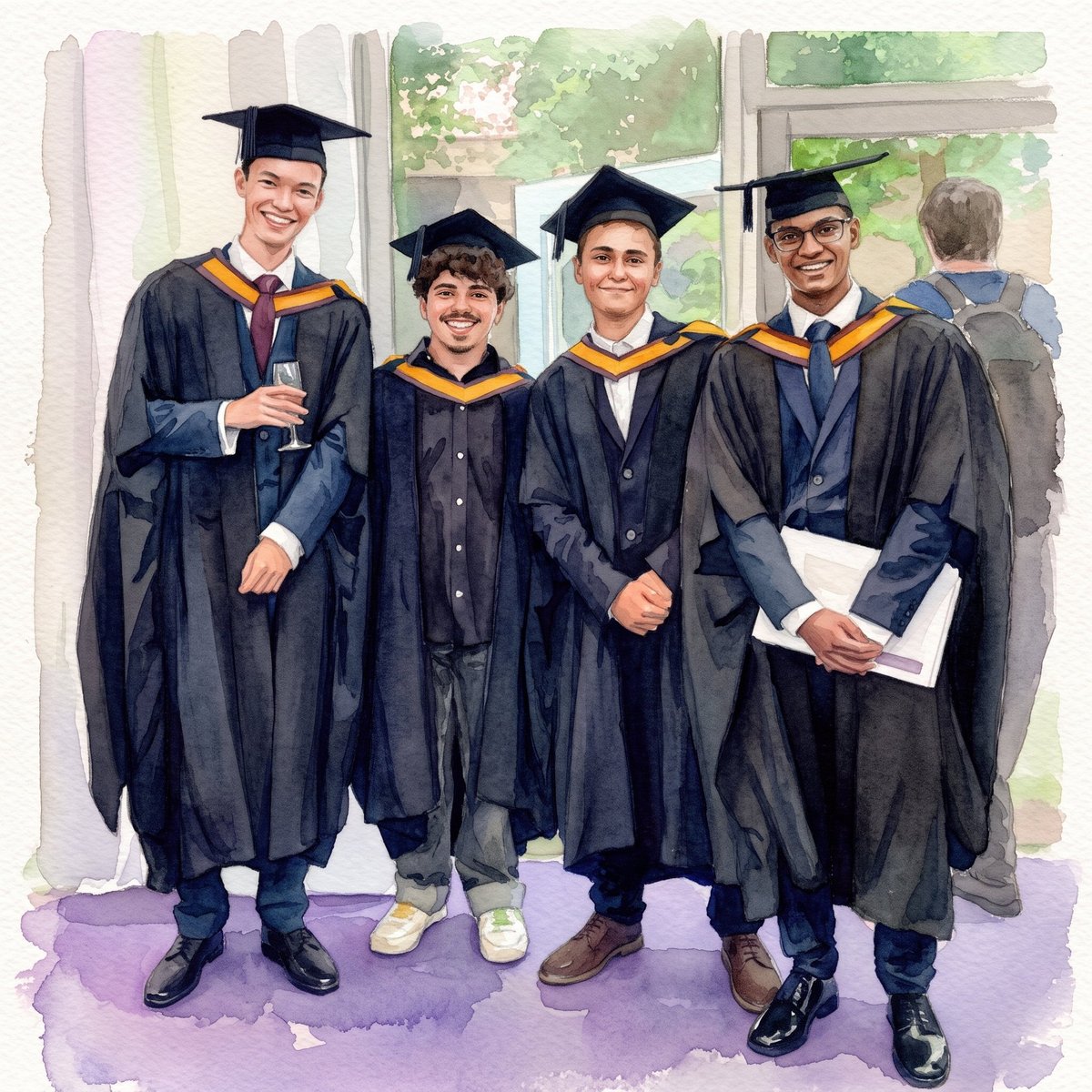 Five graduates in black academic robes and caps posing together indoors by a window