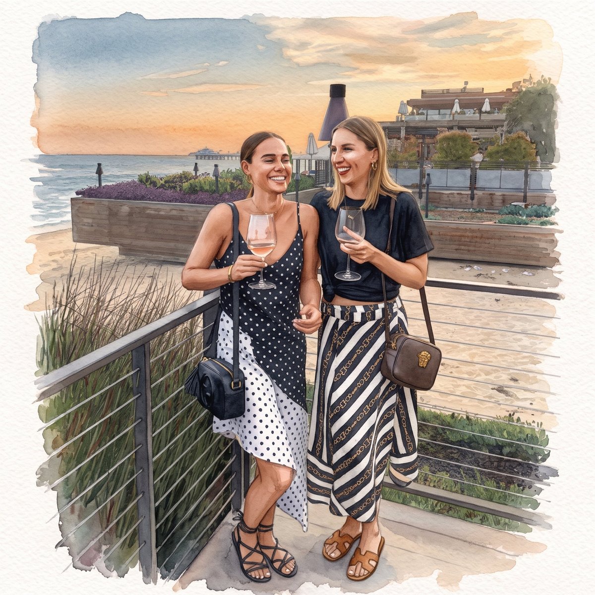 Two women smiling on a waterfront boardwalk at sunset with coastal buildings and water in the background