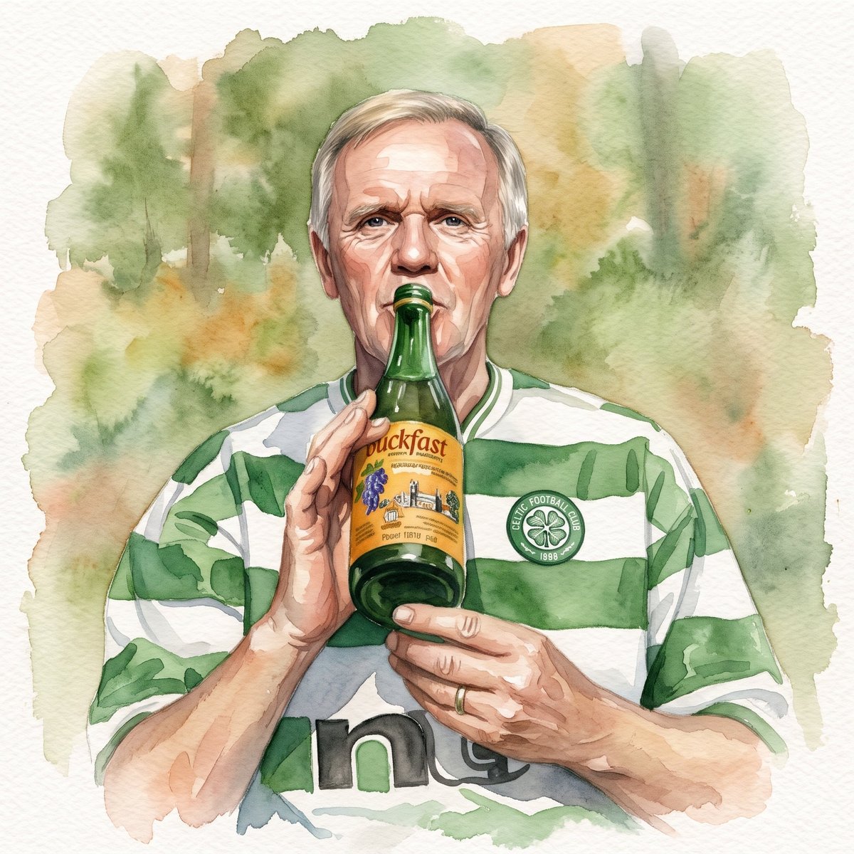 Older man in green and white striped football jersey drinking from a Guinness beer bottle against watercolor background