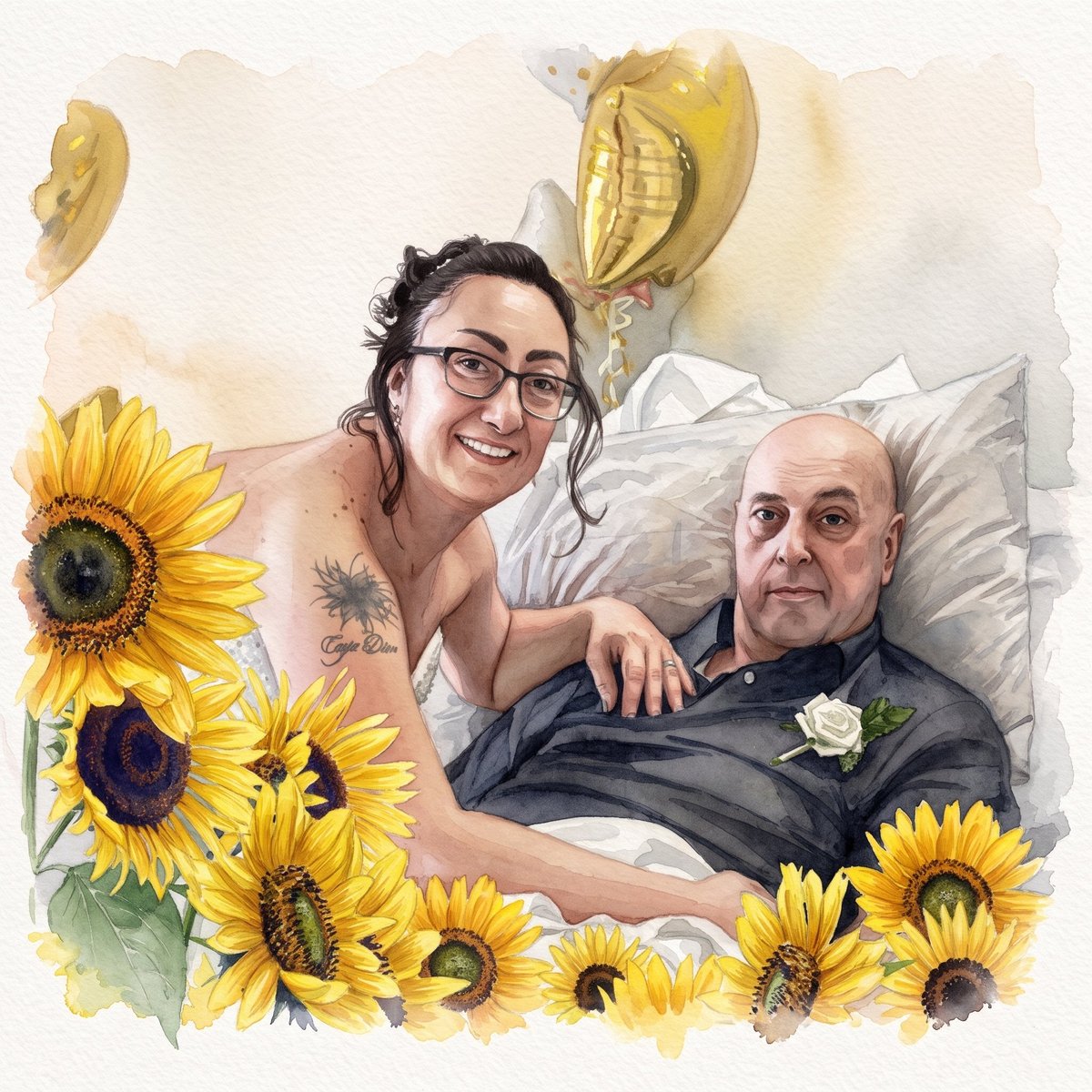 Watercolor illustration of a couple in bed surrounded by sunflowers and gold foil balloons, smiling at the camera