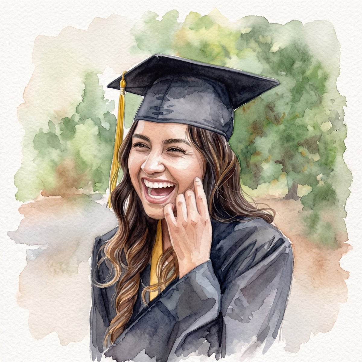 Watercolor portrait of a smiling woman wearing a graduation cap and gown with a yellow tassel, with green foliage background