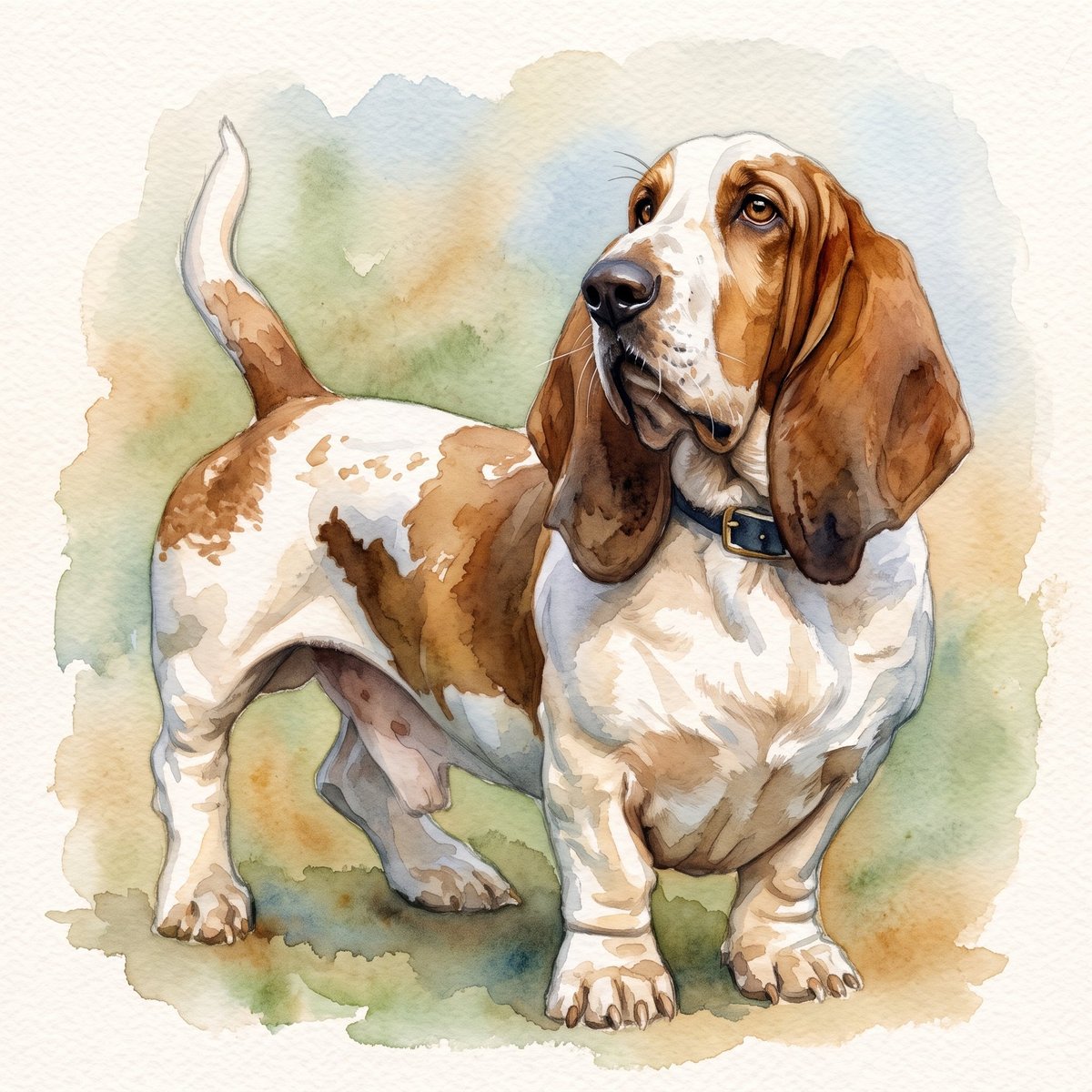 Watercolor painting of a brown and white basset hound with long ears and droopy face standing against a soft green and blue background