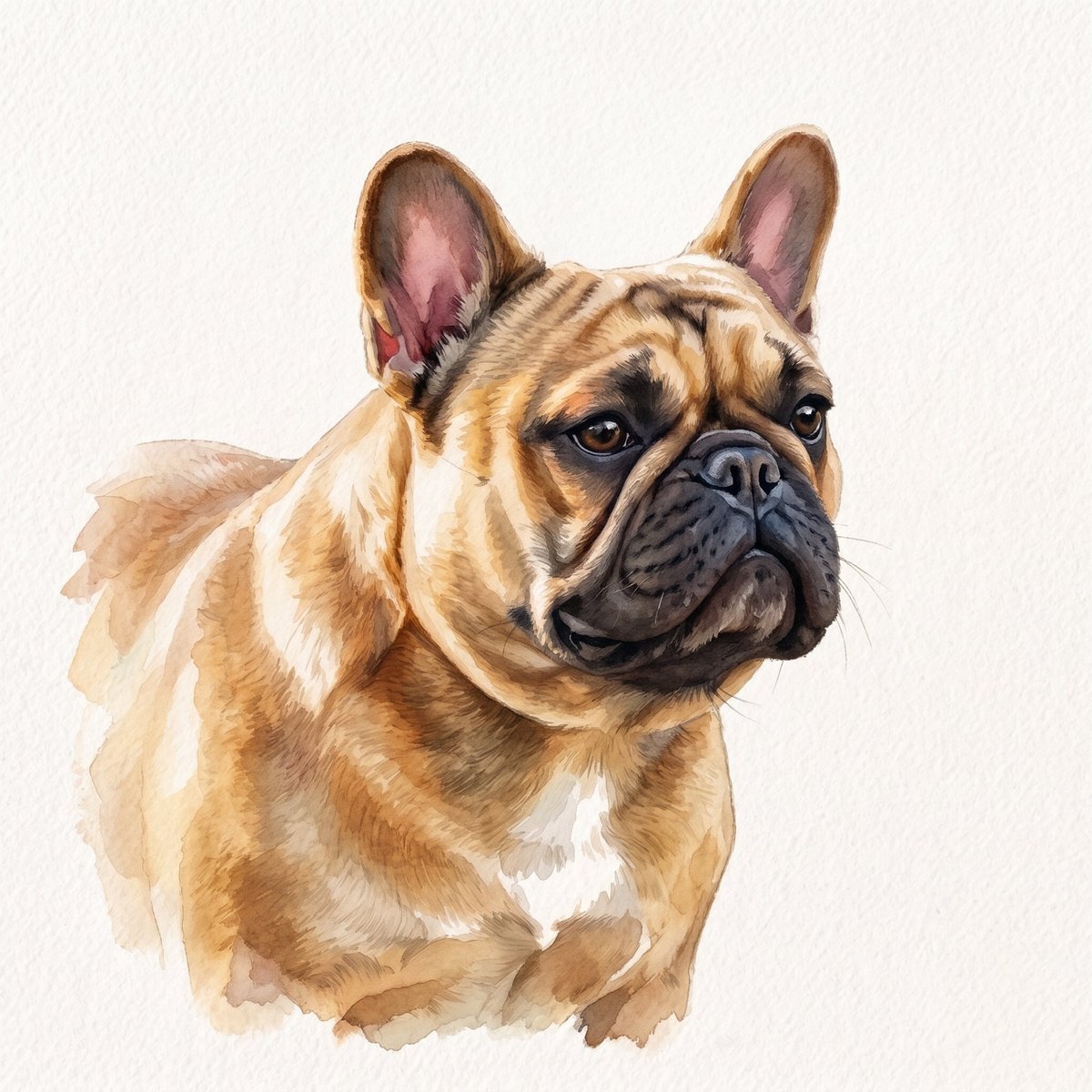 Watercolor portrait of a fawn French Bulldog with pink ears and dark facial markings against a white background