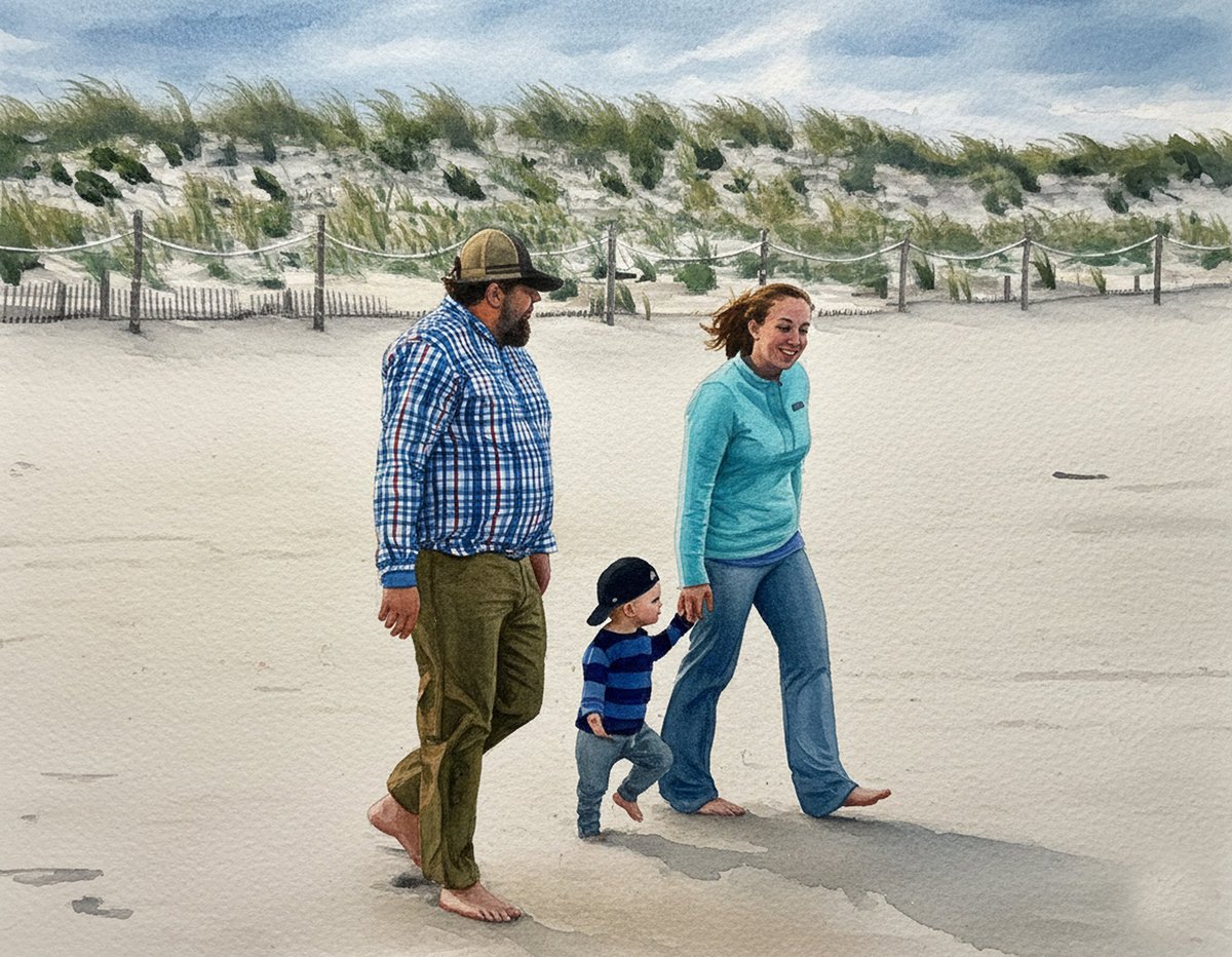 Family walking barefoot on beach with dunes and fencing in background