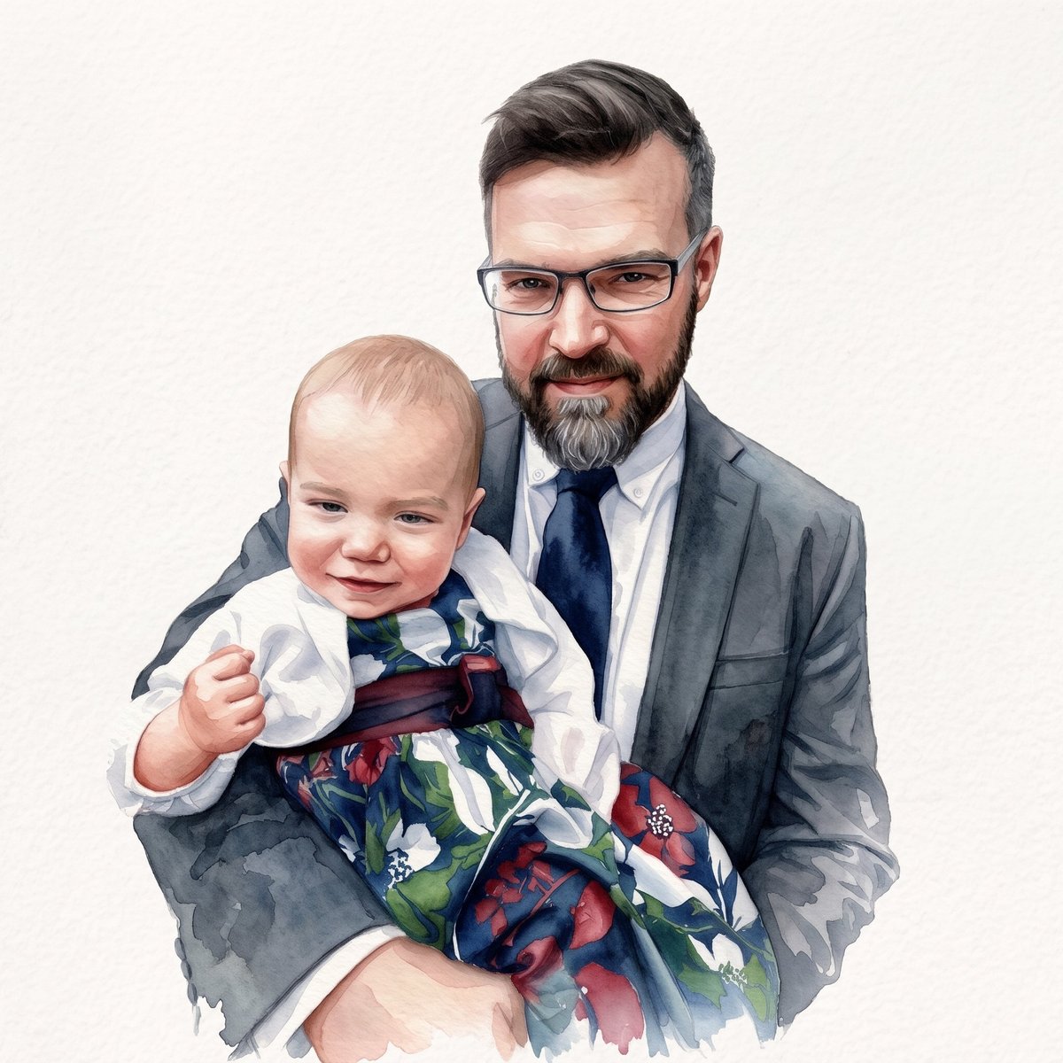 Man in glasses and gray blazer holding smiling toddler wearing floral dress against white background