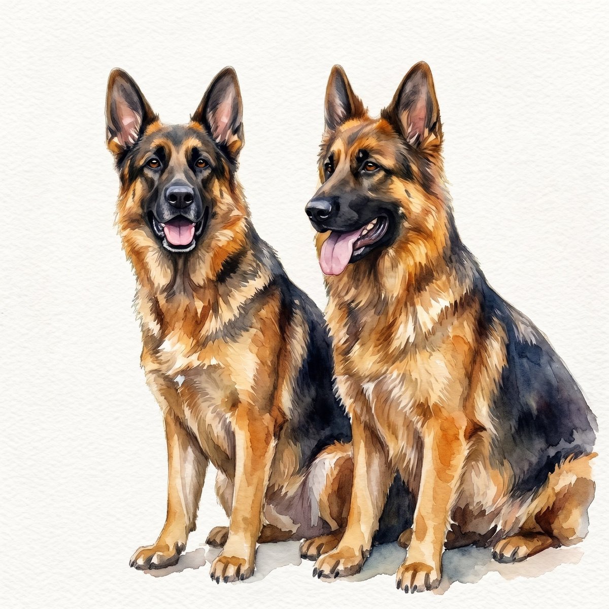 Two German Shepherd dogs sitting side by side with alert expressions and tongues out, illustrated against a white background