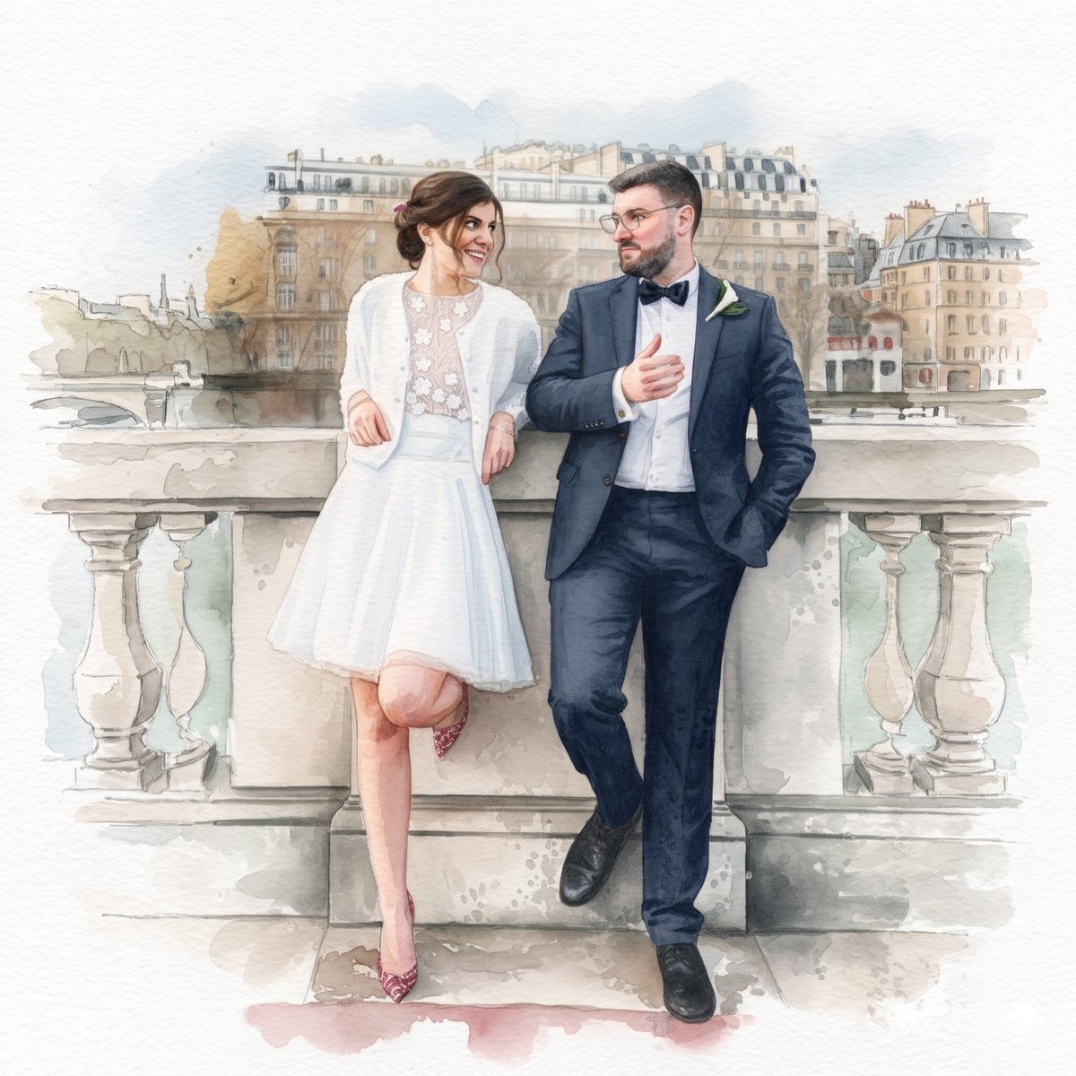 Bride in white dress and groom in navy suit leaning on Paris bridge railing with Parisian buildings in background