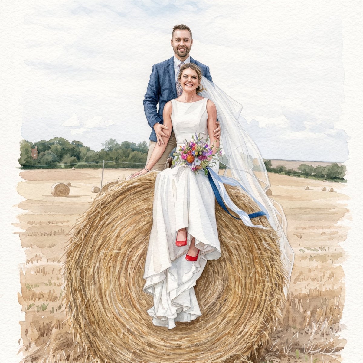 Bride and groom posing together on a large hay bale in a rural harvest field