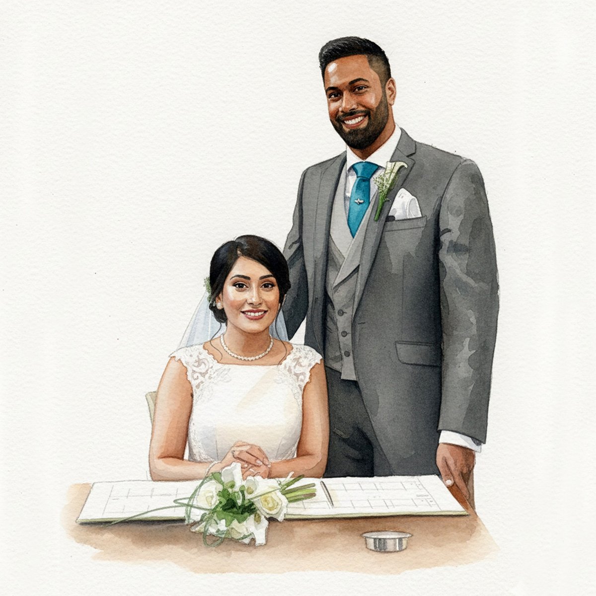 Bride and groom at wedding ceremony, woman in white lace dress and man in gray suit signing marriage certificate