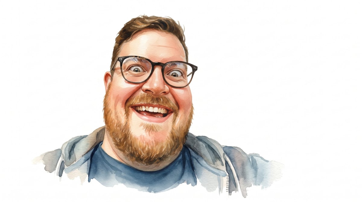 Man with beard and glasses smiling at camera, watercolor portrait illustration