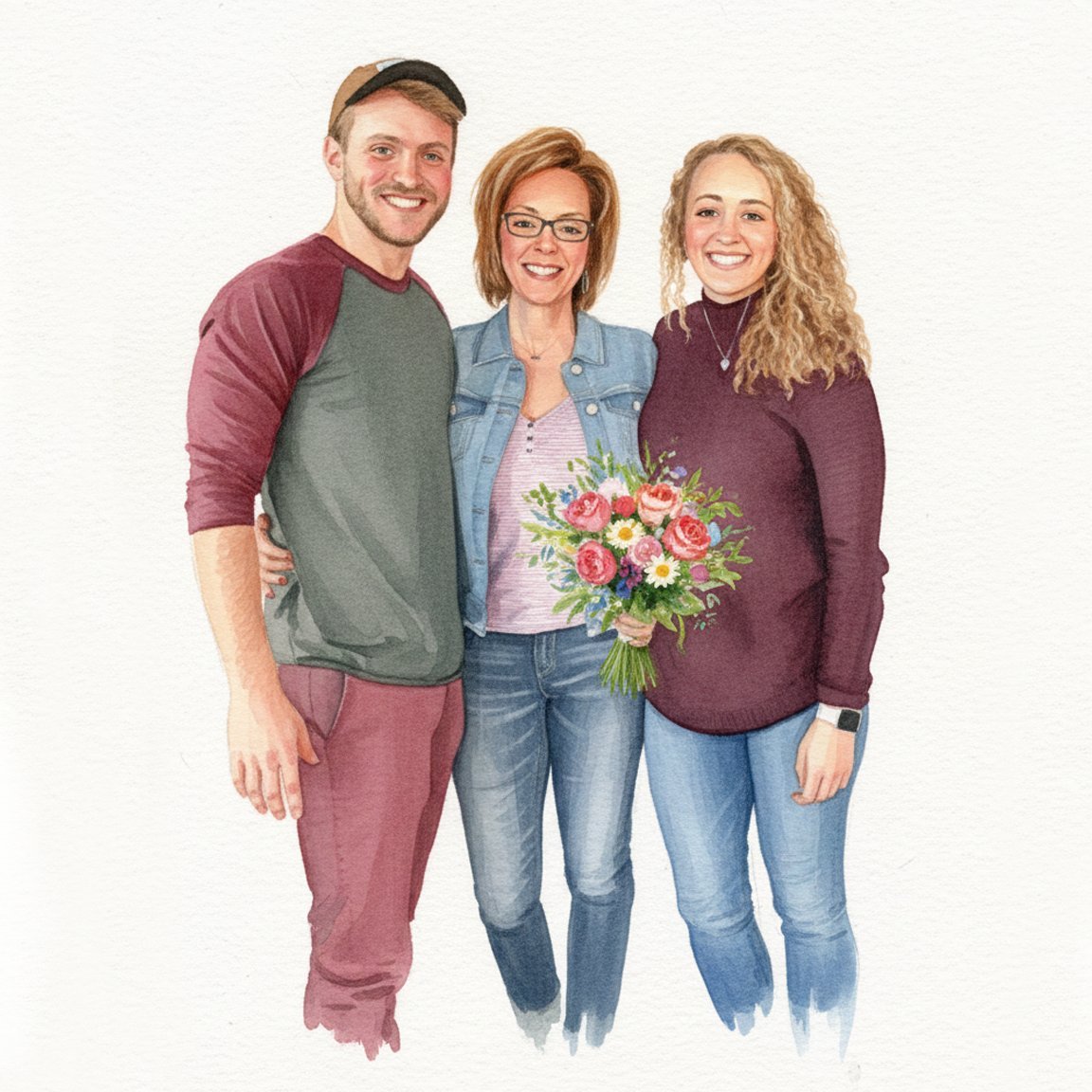 Three smiling people posing together against a white background, with the woman in the center holding a colorful bouquet of flowers