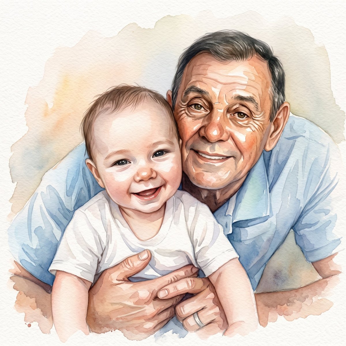 Watercolor illustration of a smiling elderly man holding a happy toddler, both looking at the camera with warm affection