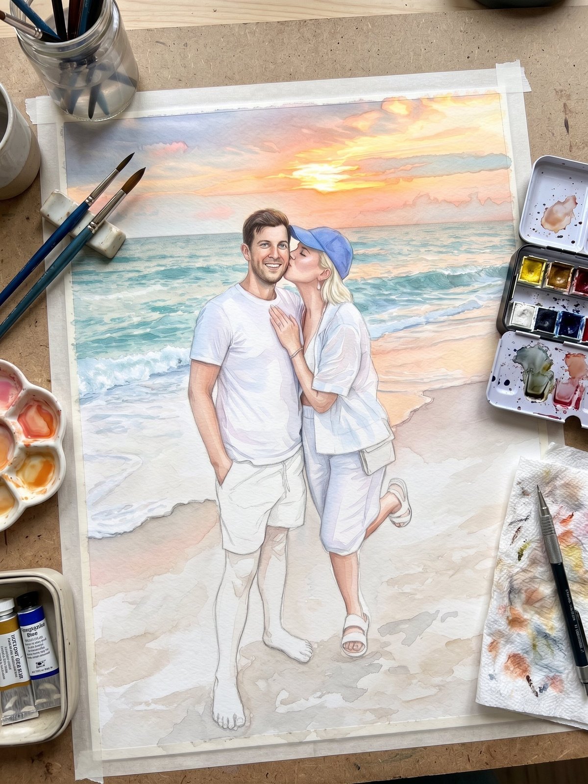 Watercolor painting of a couple kissing on a beach at sunset, surrounded by art supplies on a workspace