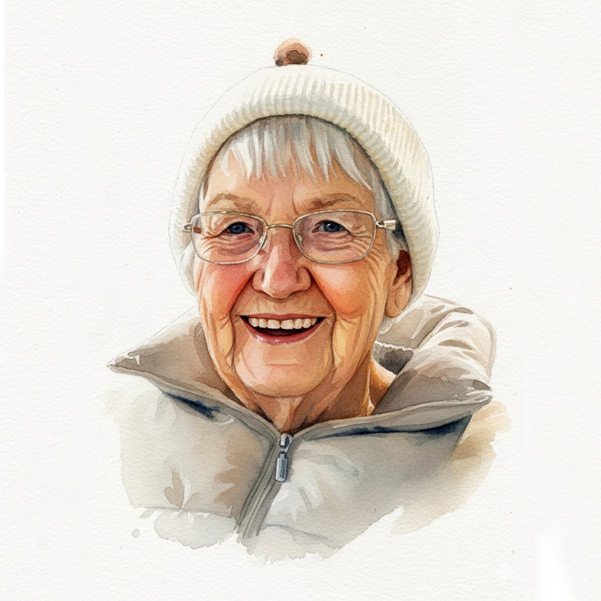 Watercolor portrait of a smiling elderly woman wearing glasses, a white beanie, and a gray zip-up jacket