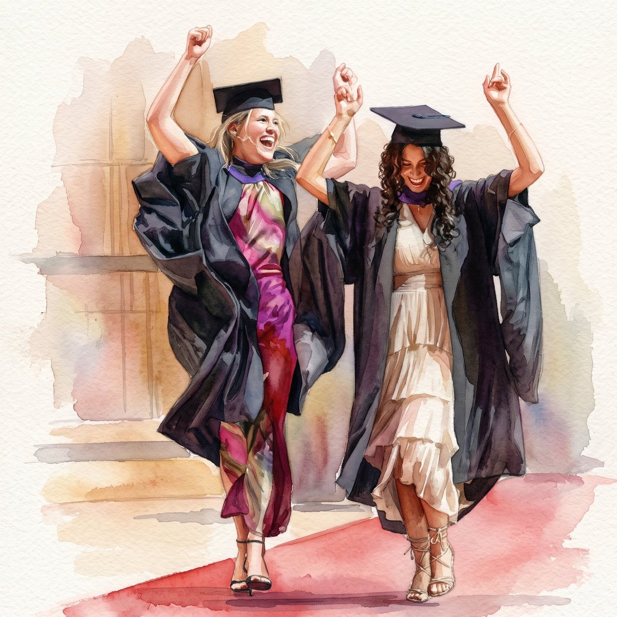 Two women in graduation gowns and caps celebrating on a red carpet with arms raised in joy
