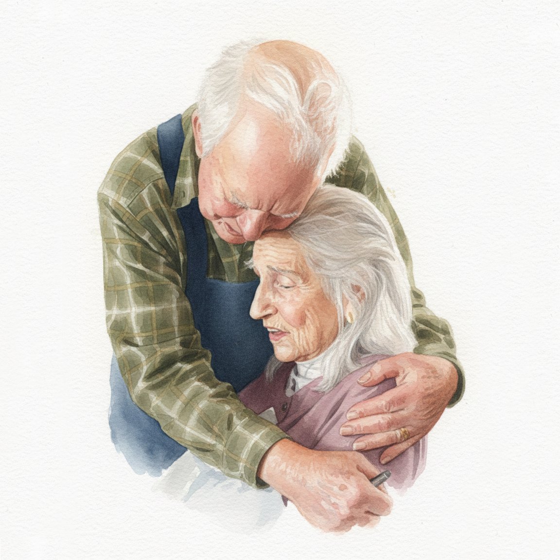 An older man in a yellow plaid shirt embraces an elderly woman from behind in a tender, affectionate pose.
