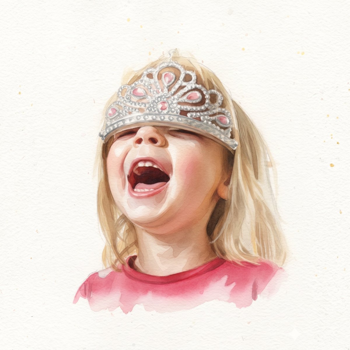 Young child with blonde hair wearing a sparkly tiara, smiling with mouth open, dressed in pink
