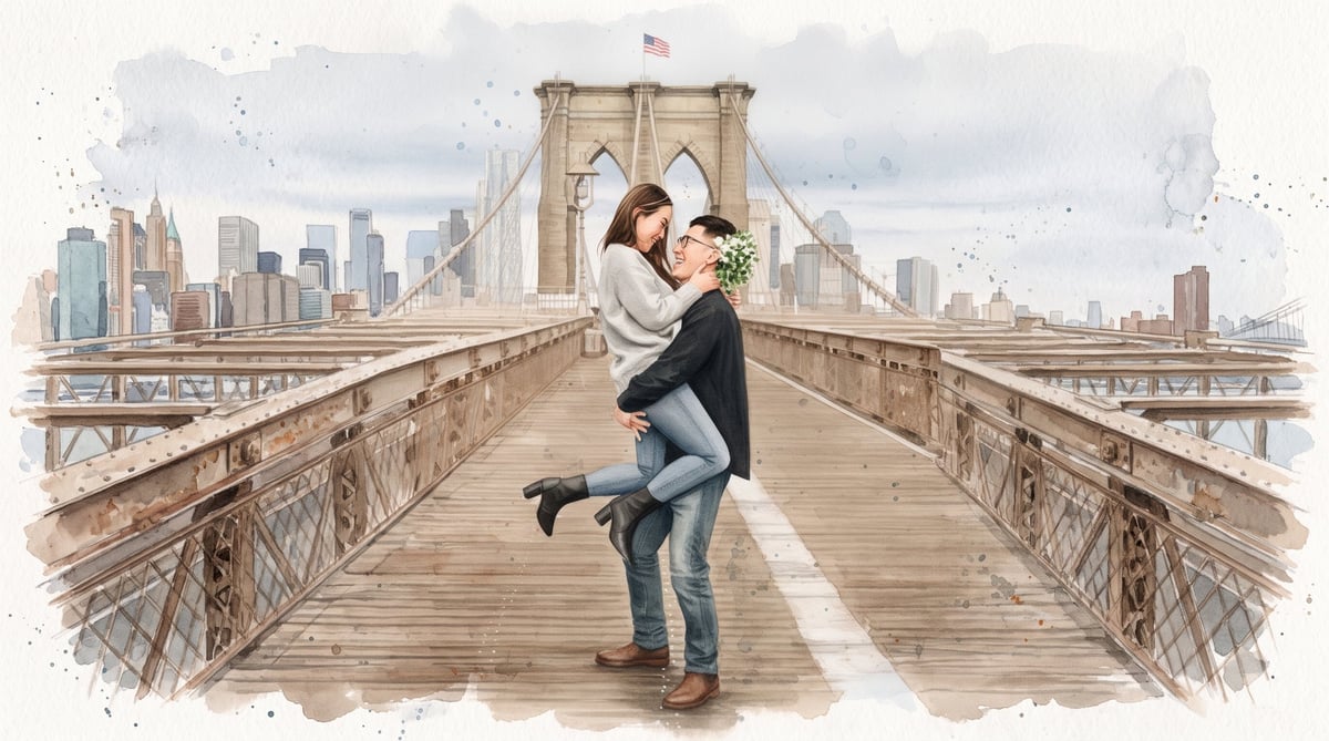 Couple kissing on Brooklyn Bridge with Manhattan skyline in watercolor style background