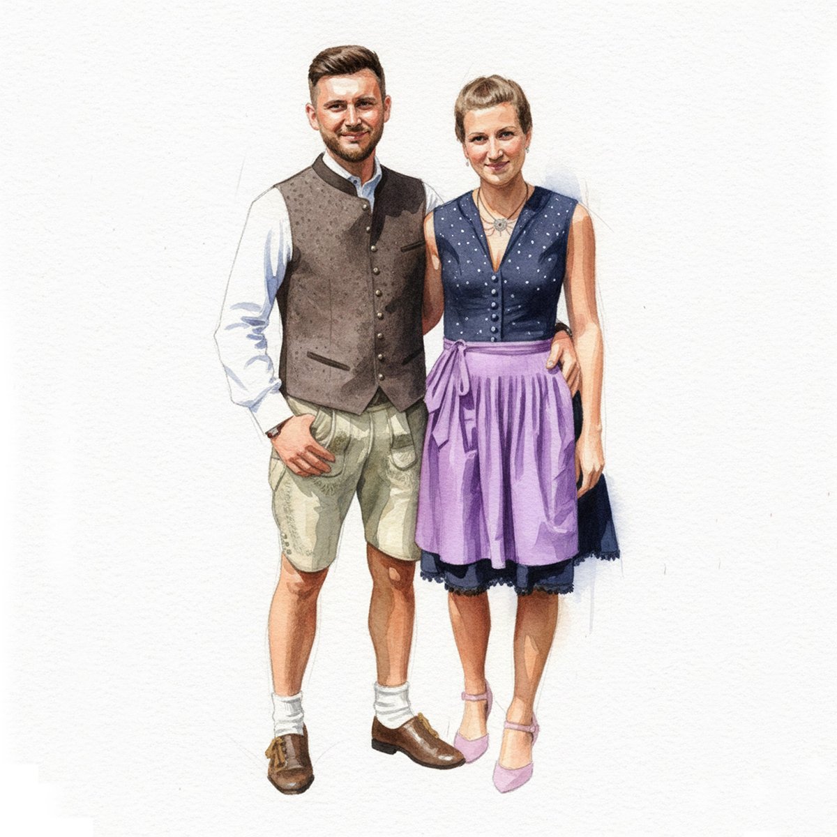 Man and woman wearing traditional Bavarian clothing, including vest, shorts, dirndl dress, and leather shoes