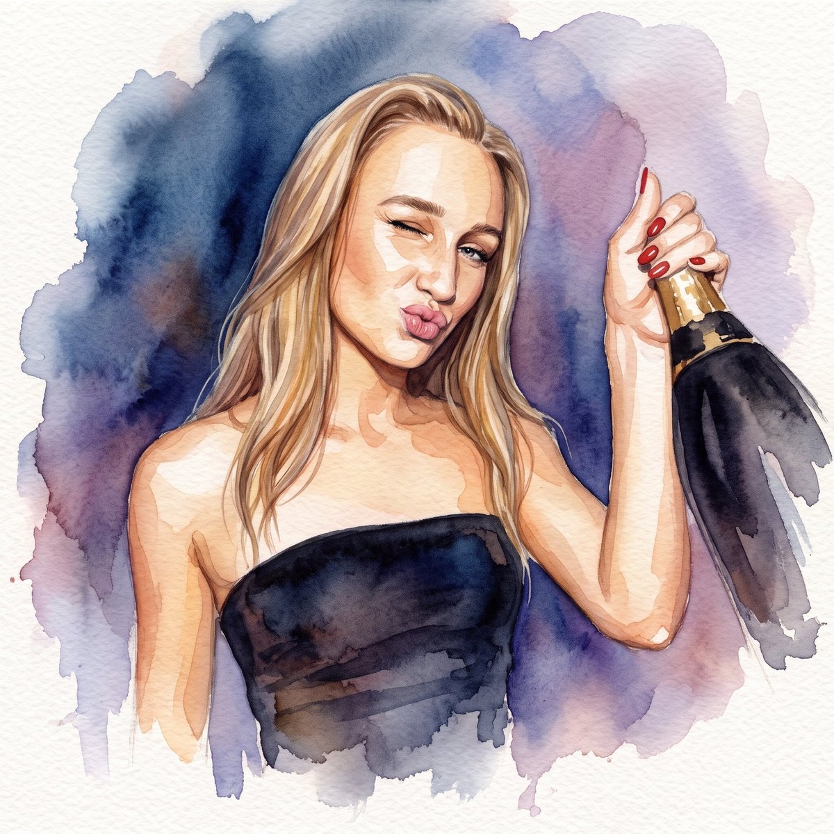 Watercolor portrait of a woman in a black strapless top holding a champagne bottle against a blue and purple watercolor background