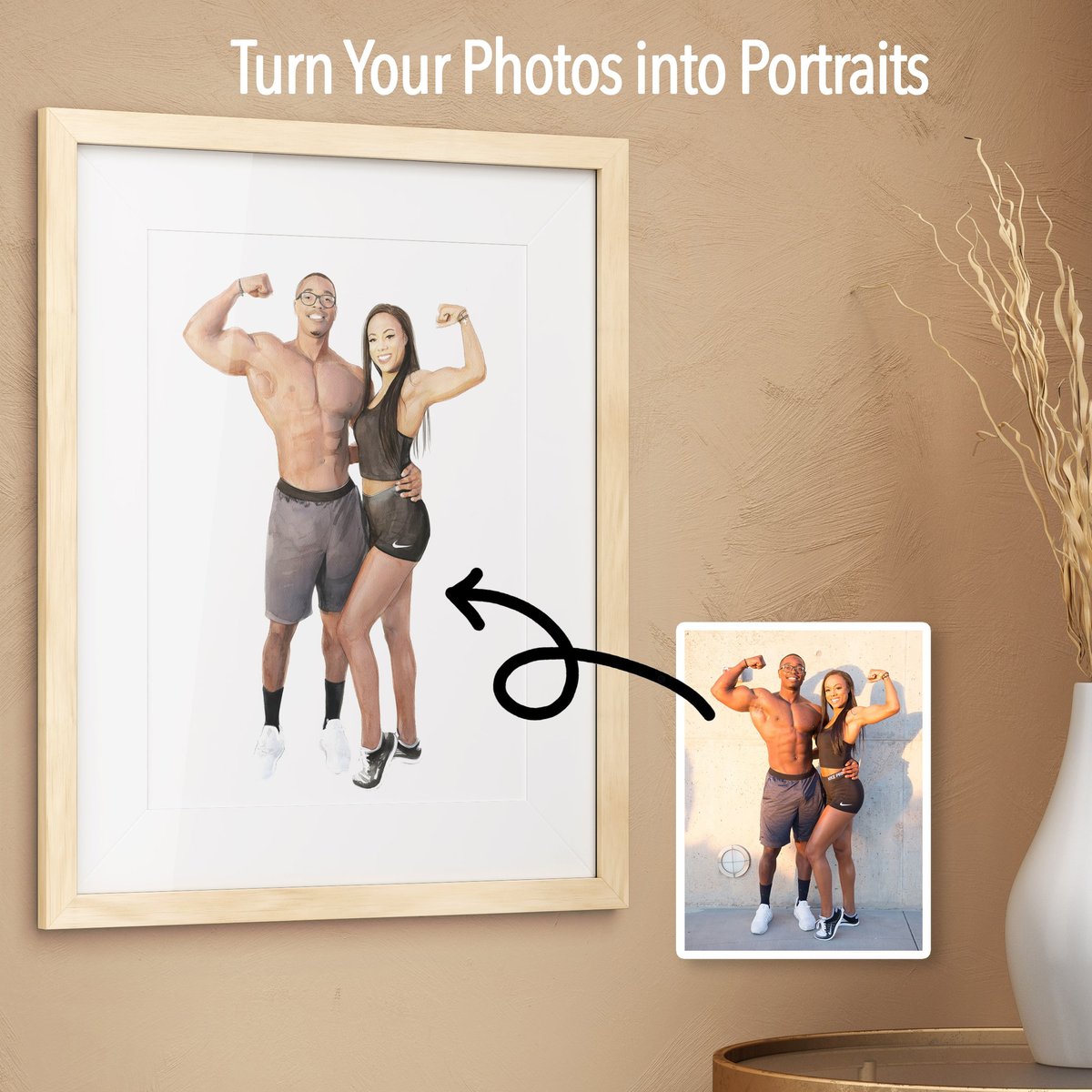 Framed hand-painted portrait of a couple flexing on a beige wall, shown next to the original photo it was painted from