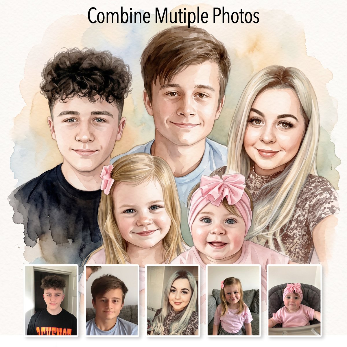 Watercolor style portrait combining five family photos into one illustration showing three teenagers and two younger children