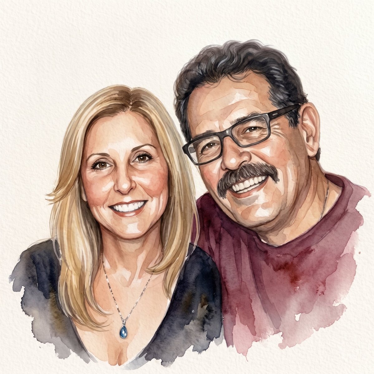 Watercolor portrait of a smiling couple - woman with blonde hair and blue pendant necklace, man with dark hair and glasses wearing maroon shirt