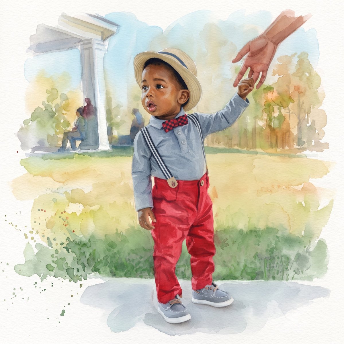Watercolor illustration of a toddler in formal attire reaching up to hold an adults hand in a park setting