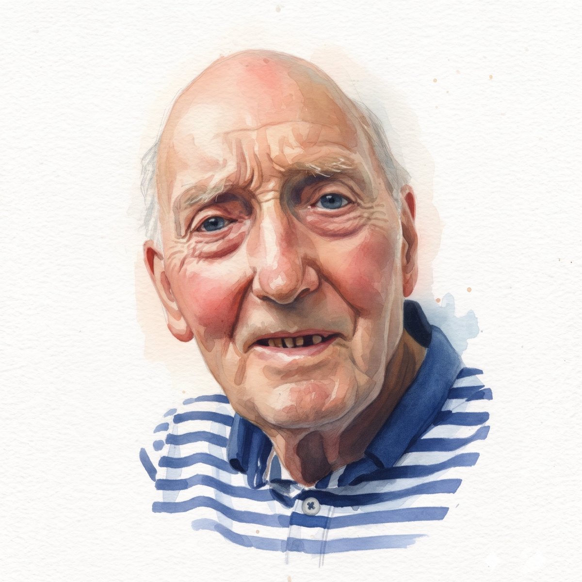 Portrait illustration of an elderly man with a receding hairline wearing a blue and white striped shirt