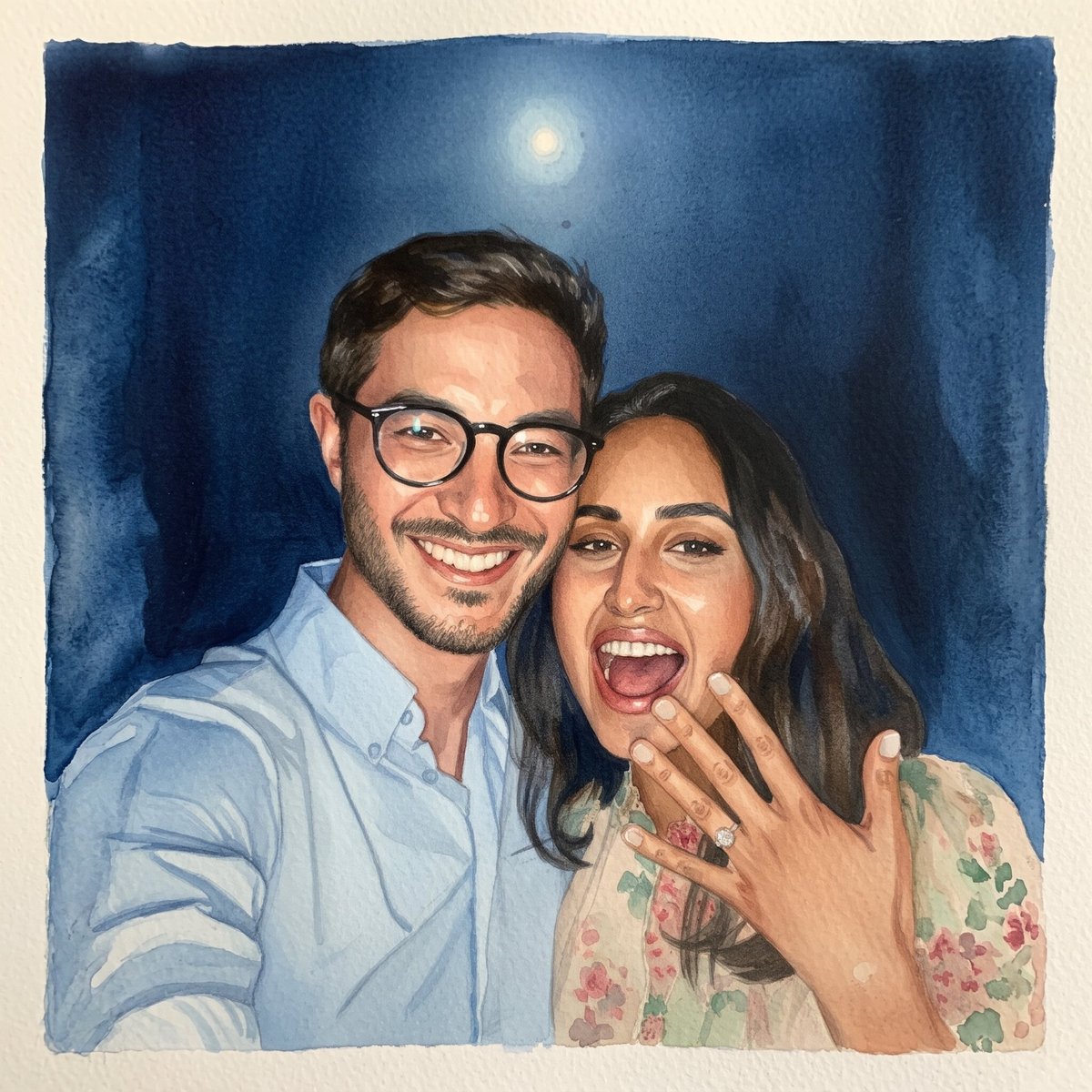 A man wearing glasses and a woman smiling at the camera with a moon visible in the blue night sky background