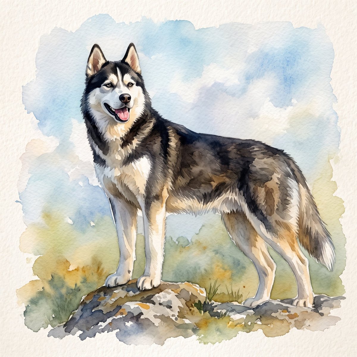 A Husky dog standing on a rock, rendered in watercolor style with blue sky and yellow-green landscape background