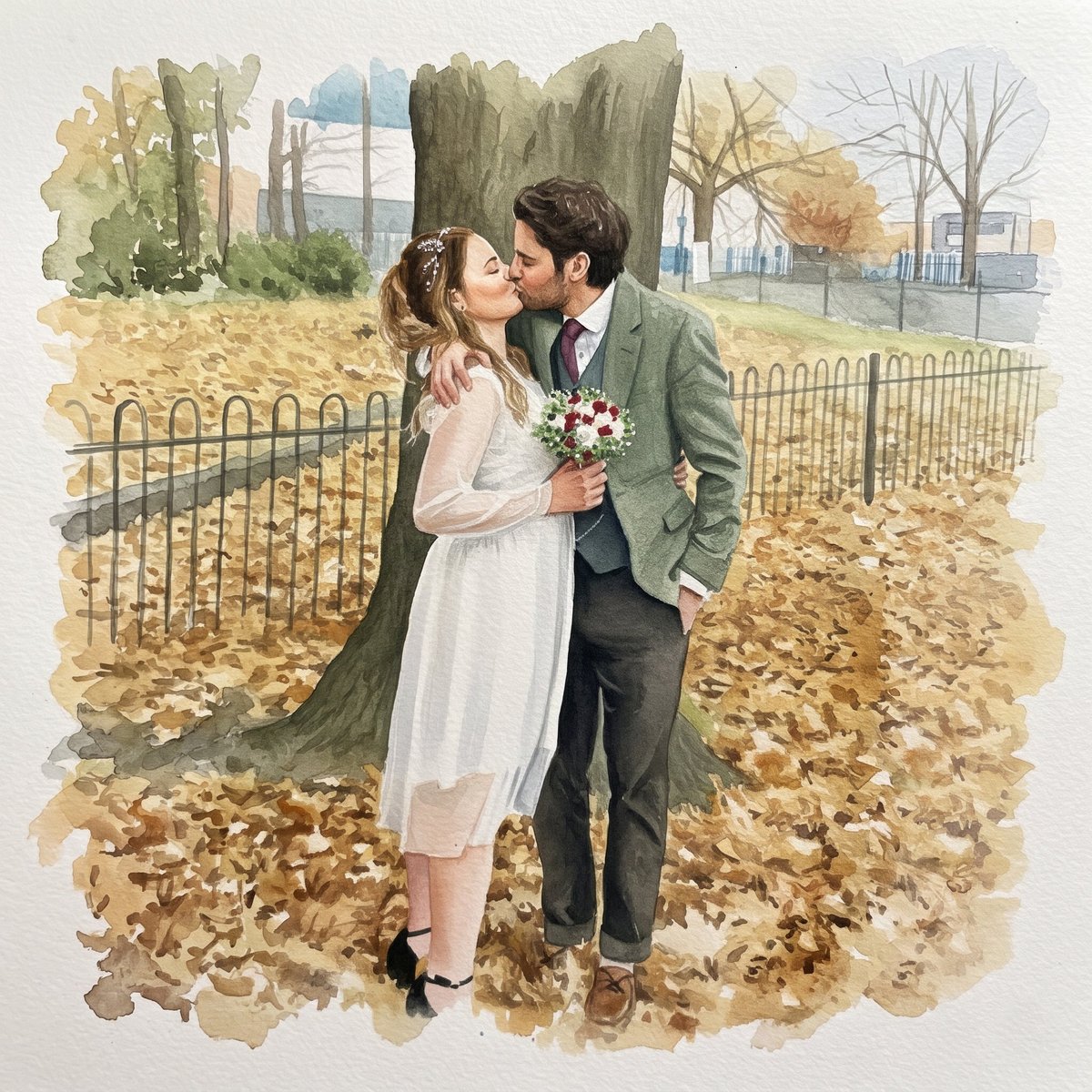 Couple kissing in autumn park surrounded by fallen leaves, wearing vintage clothing with watercolor illustration style