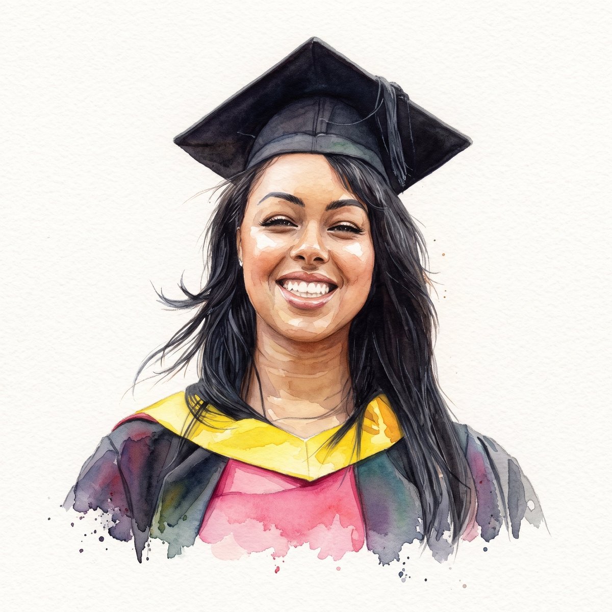 Portrait of a smiling woman wearing a black graduation cap and colorful academic gown in watercolor style