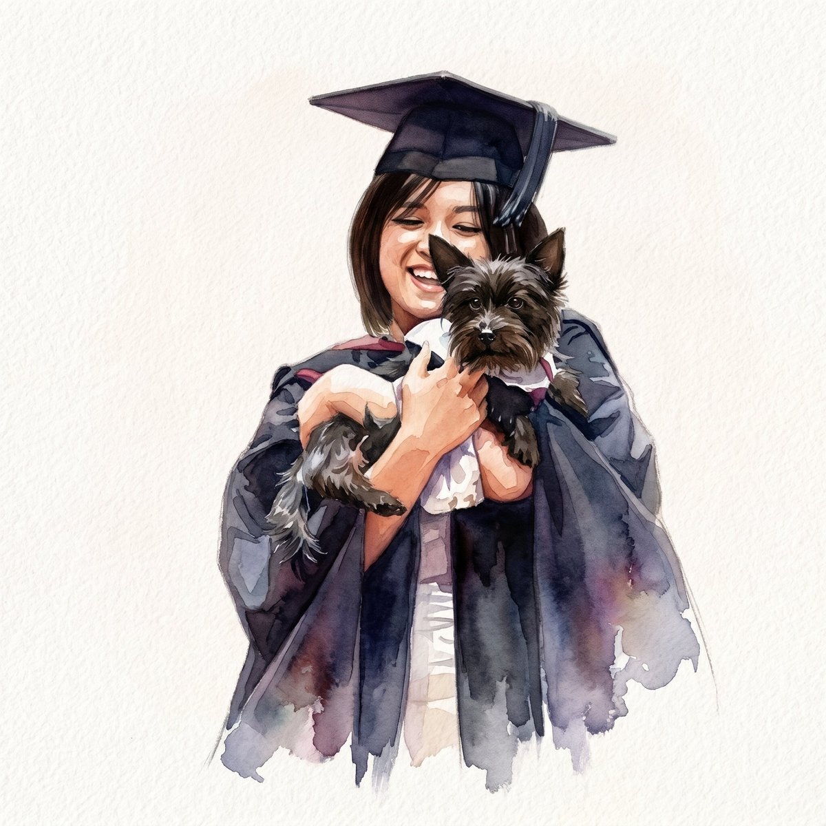 Woman in graduation cap and gown holding a small black and white dog, smiling at the camera in a watercolor-style portrait