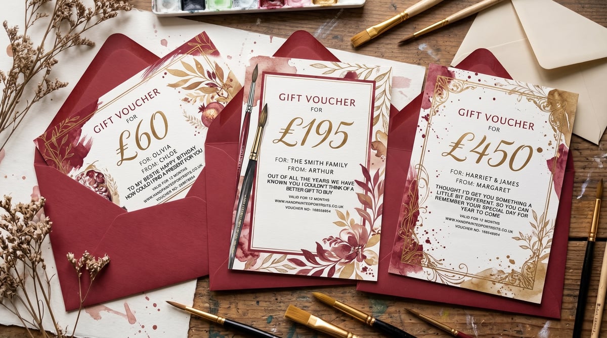Three burgundy and floral gift vouchers for £60, £195, and £450 displayed with matching envelope and dried flowers on a neutral background.