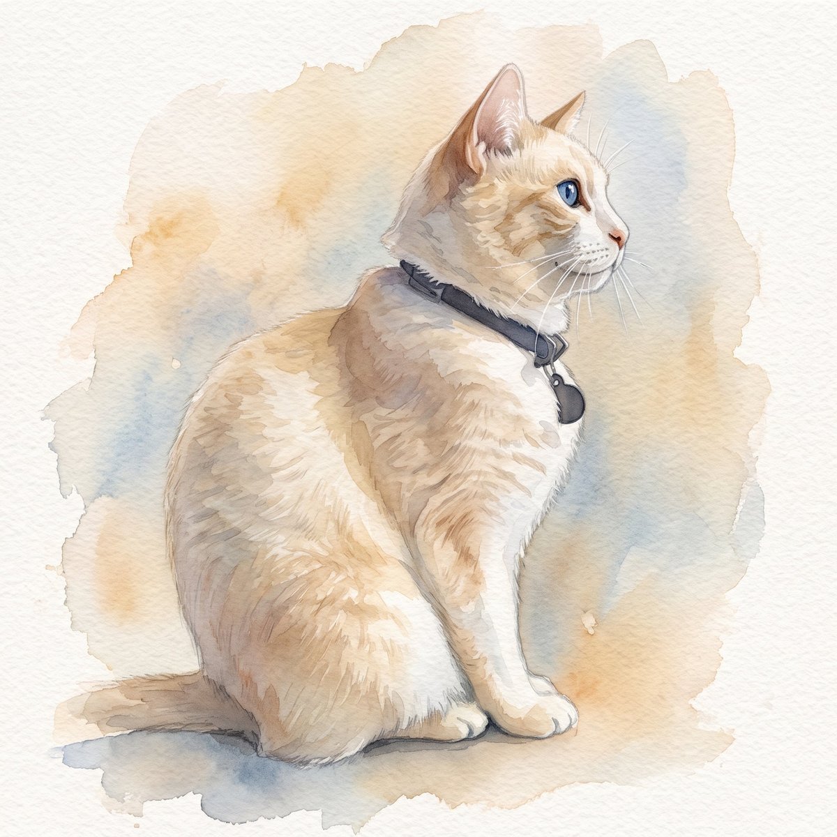 Watercolor painting of a cream-colored cat with blue eyes sitting and wearing a dark collar, set against a soft beige background